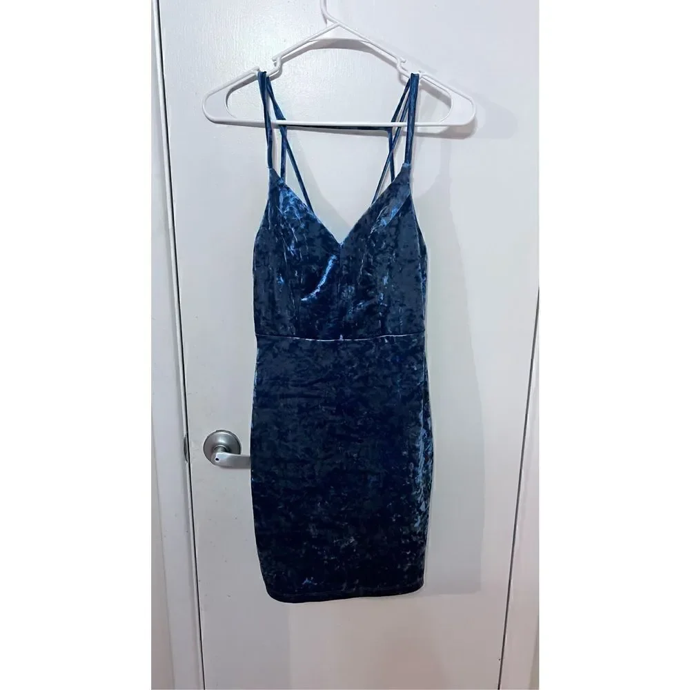JODI KRISTOPHER BLUE VELOUR SPAGHETTI TOP DRESS JUNIORS SIZE 3
